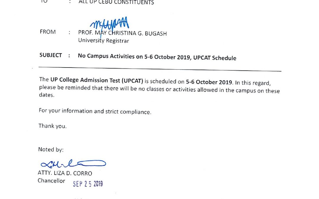 UPCAT Scheduled Exam on 5-6 October 2019 No School Activities on the said dates