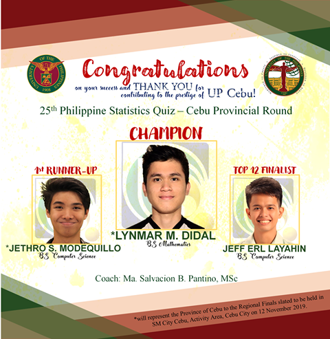 UP Cebu takes Champion and 1st Runner-Up during the 25 Philippine Statistics Quiz – Cebu Provincial Round