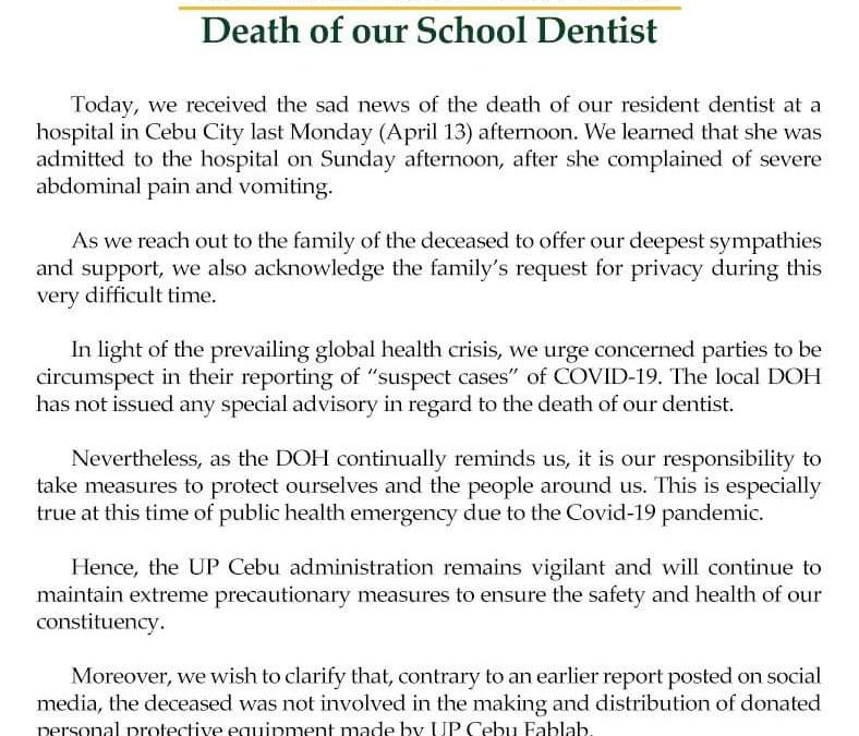UP Cebu Statement on Death of School Dentist