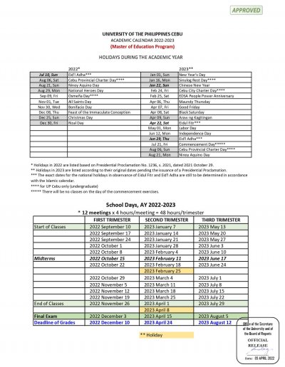 Academic Calendar - University of the Philippines Cebu